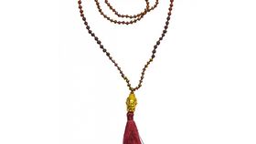 "Buddha Mala" maroon mit Glasperlen, Lavasteinen und Rudraksha 58cm