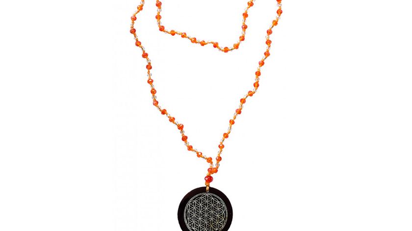 Mala "Flower of Life" Glasperlen Orange mit gelaserter Muschelscheibe 45cm