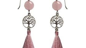 Ohrhänger "Baum des Lebens" 1,2cm Silber 925 mit Rosenquarz-Perle und Rosa Tassel 3,5cm