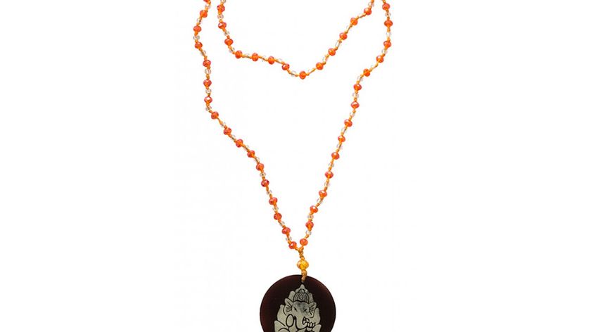 Mala "Ganesha" Glasperlen Orange mit gelaserter Muschelscheibe 45cm