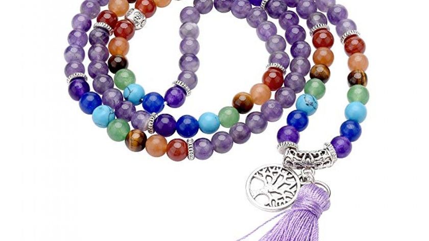 Mala "Chakra Lebensbaum" 108 Amethyst- und Chakra Edelsteine mit Metall Anhänger, 38cm