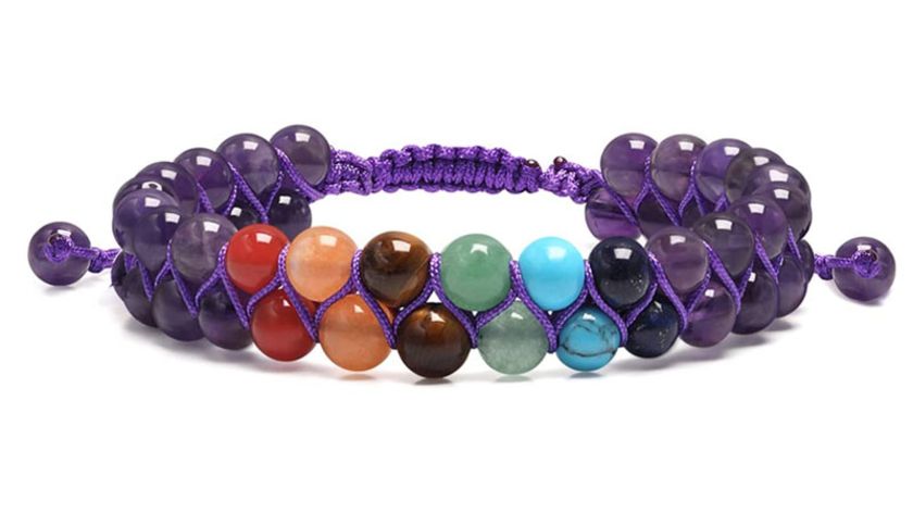 Armband "Chakra" Amethyst- und Chakra Edelsteine, Zwei Stränge aufwendig geknüpft, 5-8cm