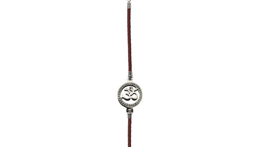 Armband "Om" Leder braun, Edelstahl mit Zirkonia, 19-24cm verstellbar