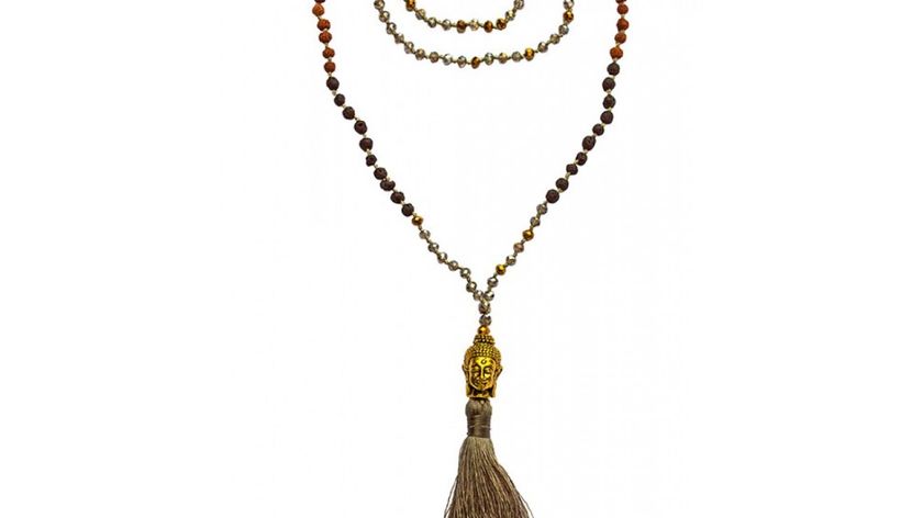 "Buddha Mala" grau mit Glasperlen, Lavasteinen und Rudraksha 58cm