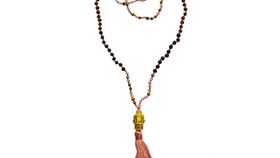 "Buddha Mala" pink mit Glasperlen, Lavasteinen und Rudraksha 58cm