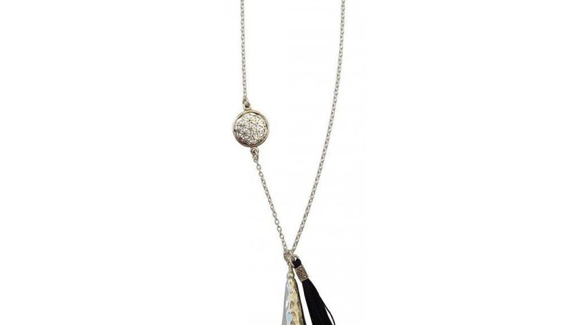 Kette "Blume des Lebens" 1,2cm Silber 925 mit Onyx-Perle und Schwarzer Tassel 42cm