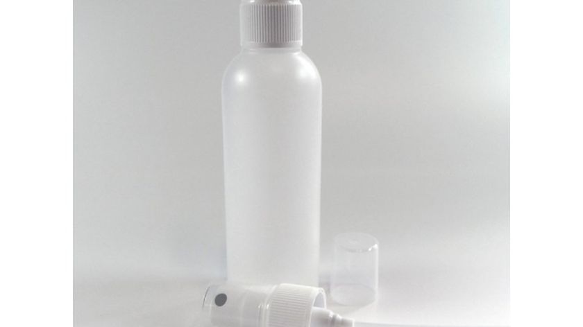 100 ml leere, transparente Sprühflasche in HDPE inkl. Pumpe und Zerstäuber (Sprühkopf)