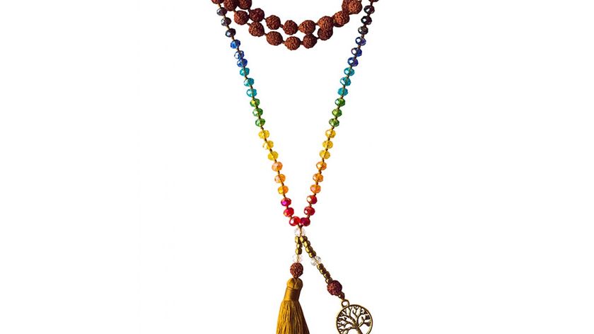 Mala "Chakra Baum des Lebens" Rudraksha/Glassperlen mit Messinganhänger 52cm