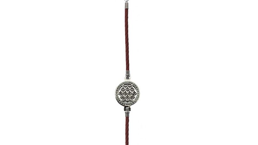 Armband "Blume des Lebens" Leder weiß, Edelstahl mit Zirkonia, 19-24cm verstellbar