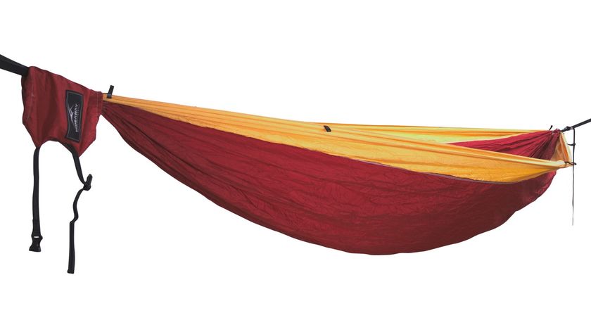 Camper Double Hammock  Bordeaux  red with yellow gold fringe tree huggers included