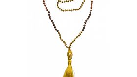 "Buddha Mala" gold mit Glasperlen, Lavasteinen und Rudraksha 58cm