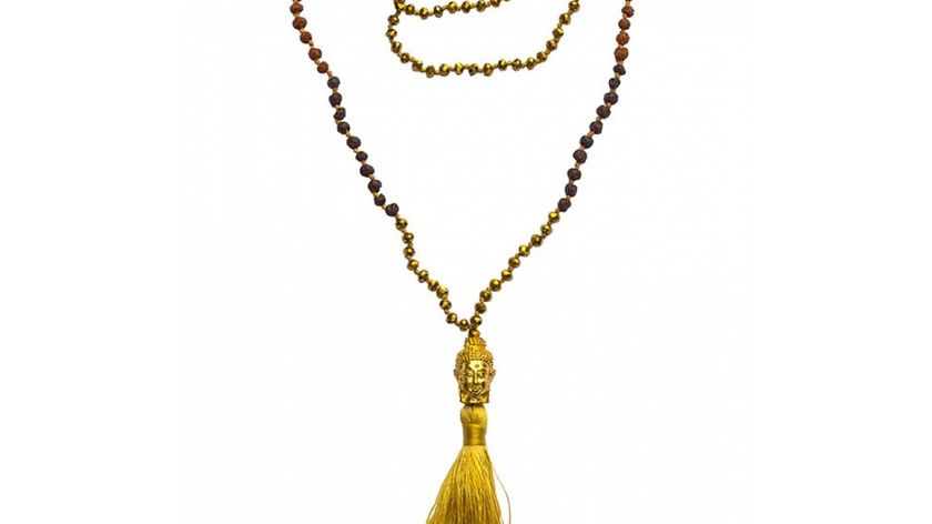 "Buddha Mala" gold mit Glasperlen, Lavasteinen und Rudraksha 58cm