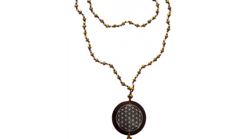 Mala "Flower of Life" Glasperlen goldfarben mit gelaserter Muschelscheibe 45cm