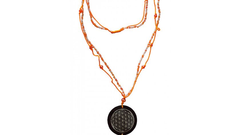 Mala "Flower of Life" Glasperlen orange mit gelaserter Muschelscheibe 46cm