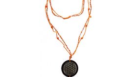 Mala "Flower of Life" Glasperlen orange mit gelaserter Muschelscheibe 46cm